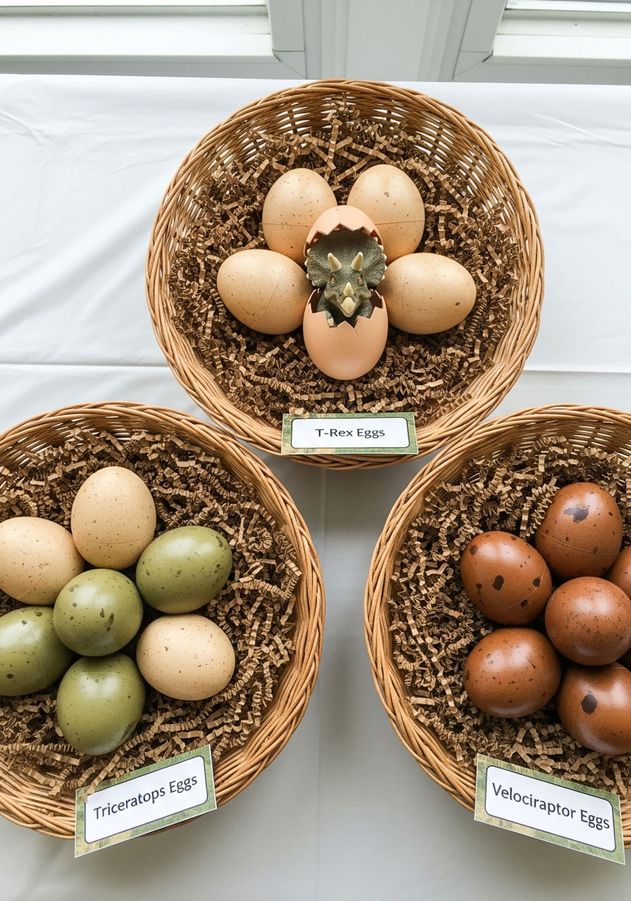 Dinosaur egg nest table centerpiece with painted speckled eggs and hatching baby dinosaur