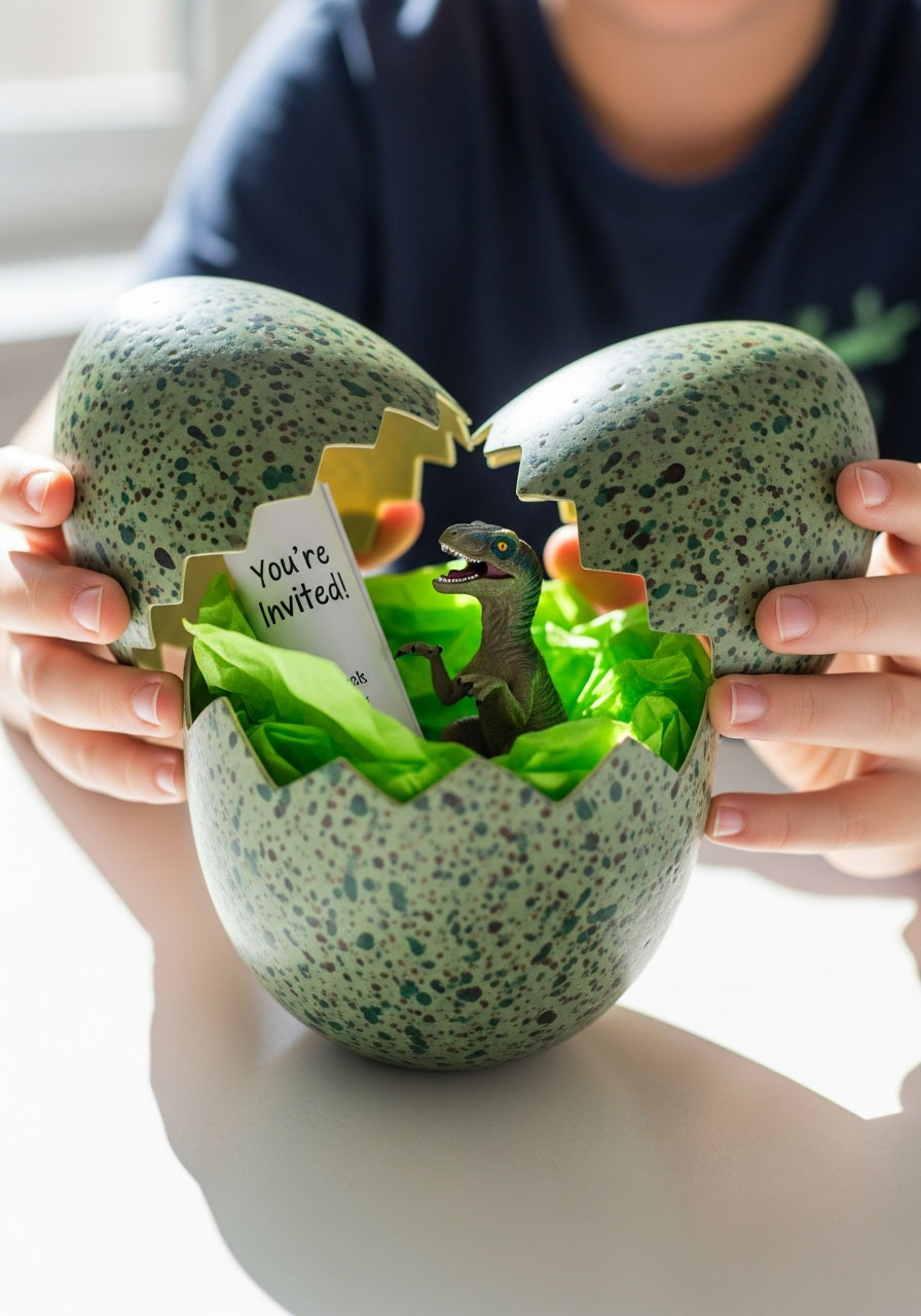 Dinosaur egg surprise invitation cracked open revealing rolled paper and toy velociraptor inside