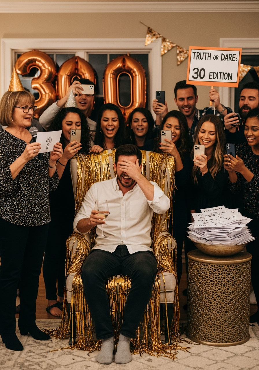 Birthday person laughing in hot seat while answering rapid fire questions at 30th party finale
