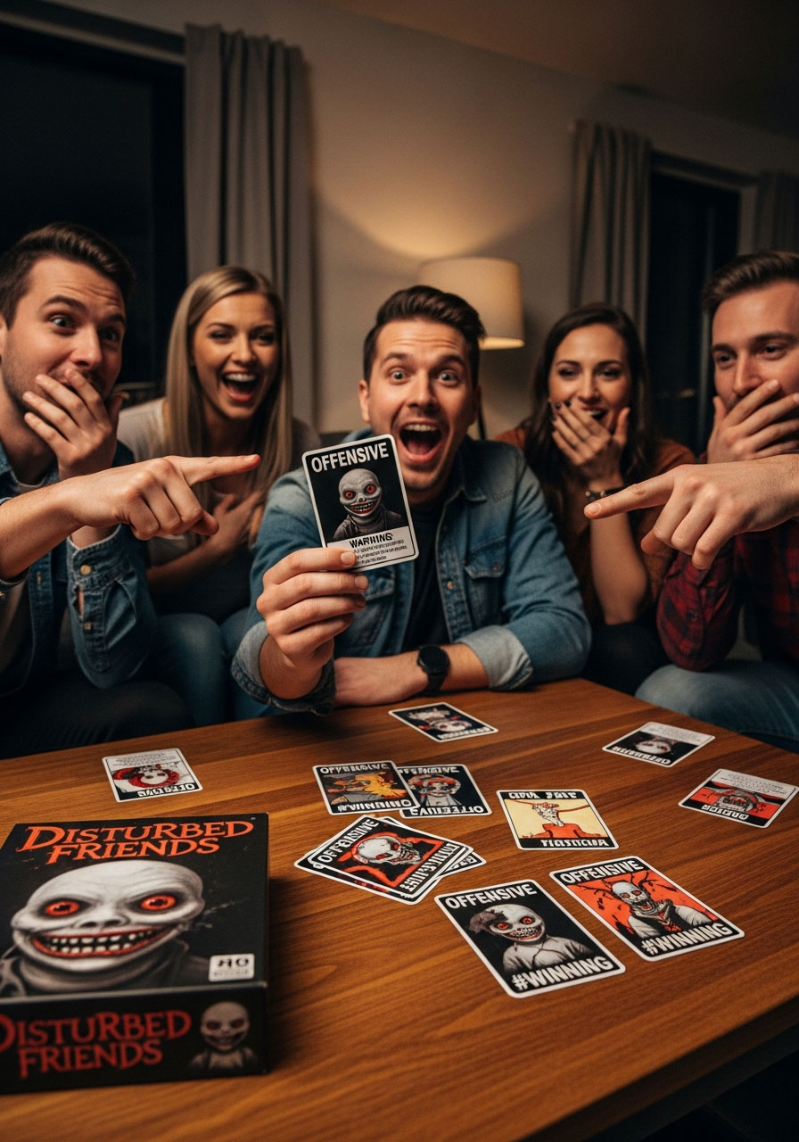 Adults playing Disturbed Friends twisted party game at birthday celebration with shocking question cards and reactions