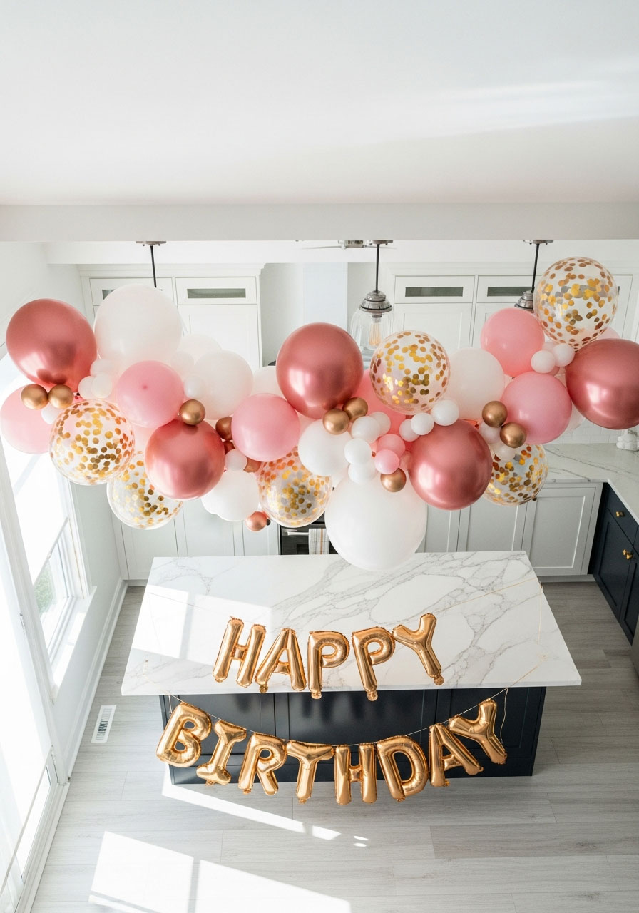 Finished DIY balloon garland in pink rose gold and white hanging above kitchen island for birthday party decoration