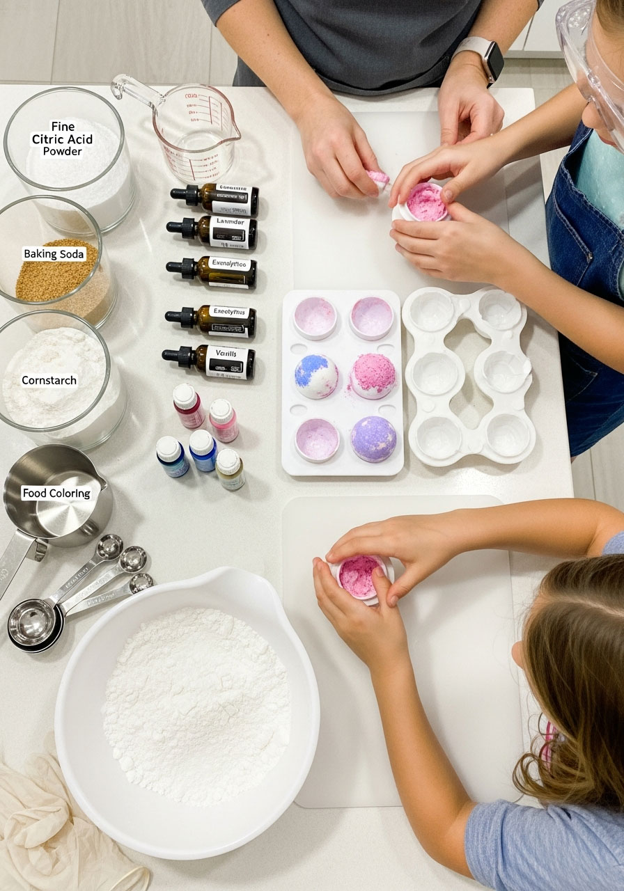 Kids making DIY bath bombs with molds, essential oils, and colorful ingredients at spa party station