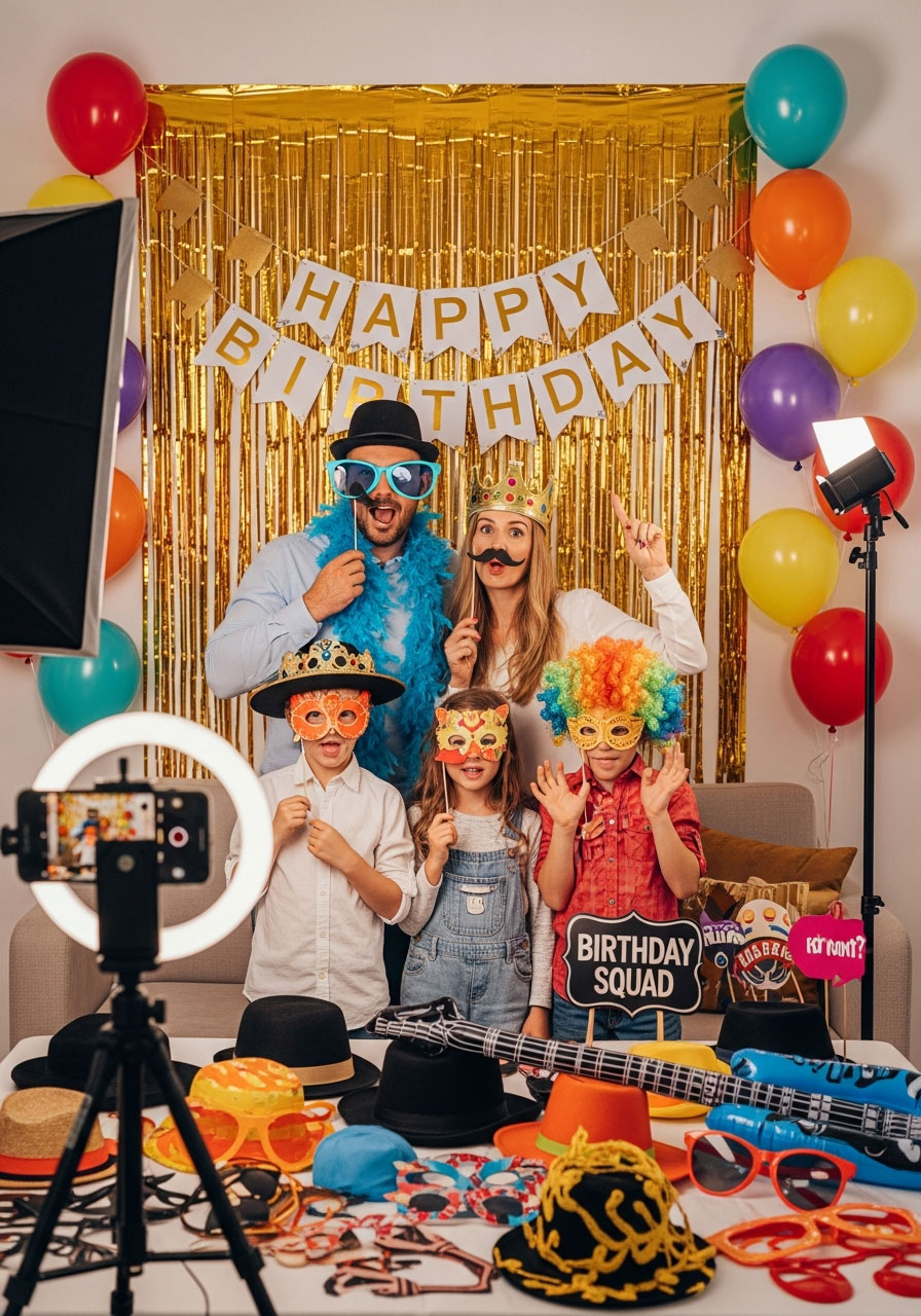 Family posing with silly props and costumes at DIY birthday photo booth with colorful backdrop and accessories