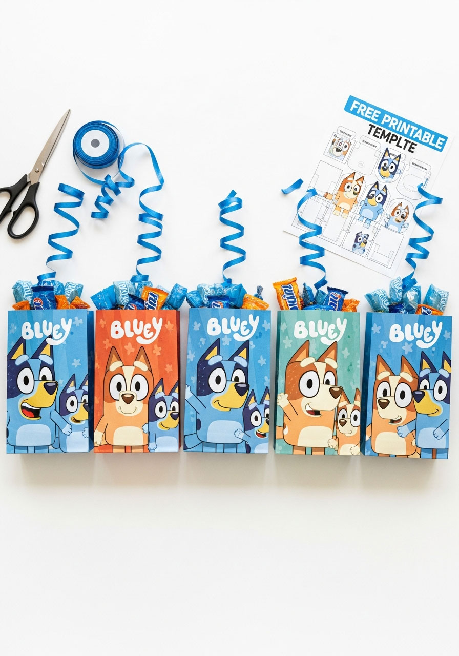 DIY Bluey party favor bags made from printed templates filled with blue and orange treats and toys