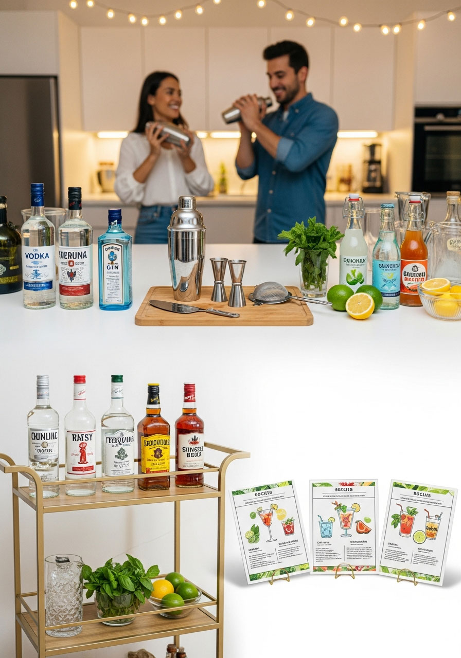 Complete DIY cocktail bar station with spirits, mixers, bar tools, recipe cards, and fresh garnishes for interactive adult birthday mixology party