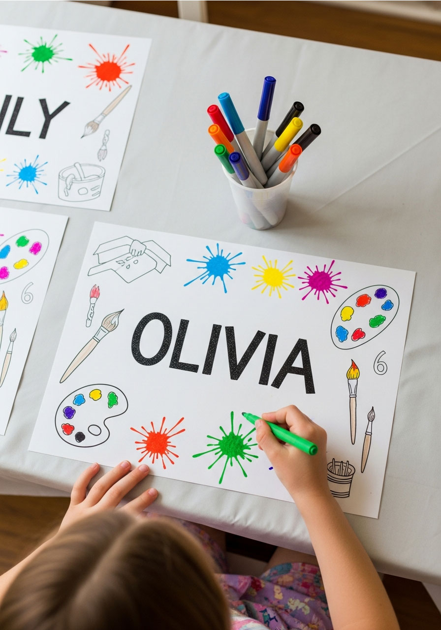 Custom name coloring placemats for art birthday party icebreaker activity with markers and personalized designs