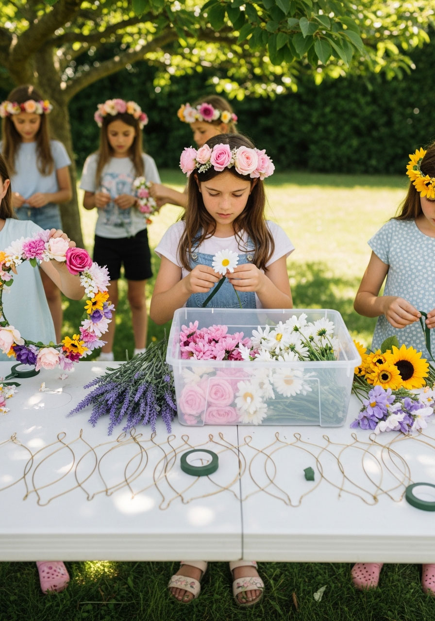Girl making floral crown party favor with artificial flowers and wire at outdoor birthday party crafting station