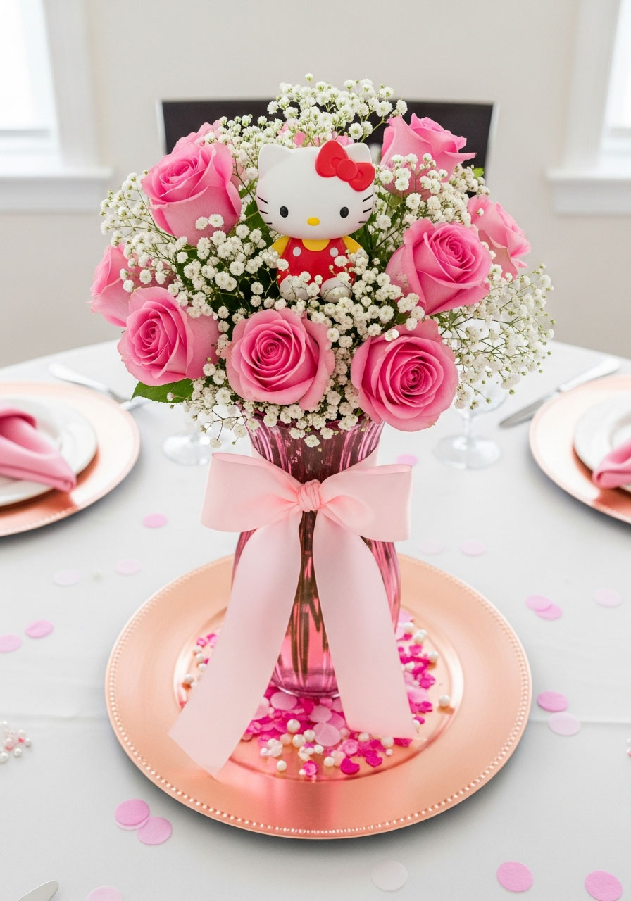 DIY Hello Kitty party centerpiece with pink roses, white flowers, and Hello Kitty figurine in pink vase with ribbon bow on rose gold charger plate