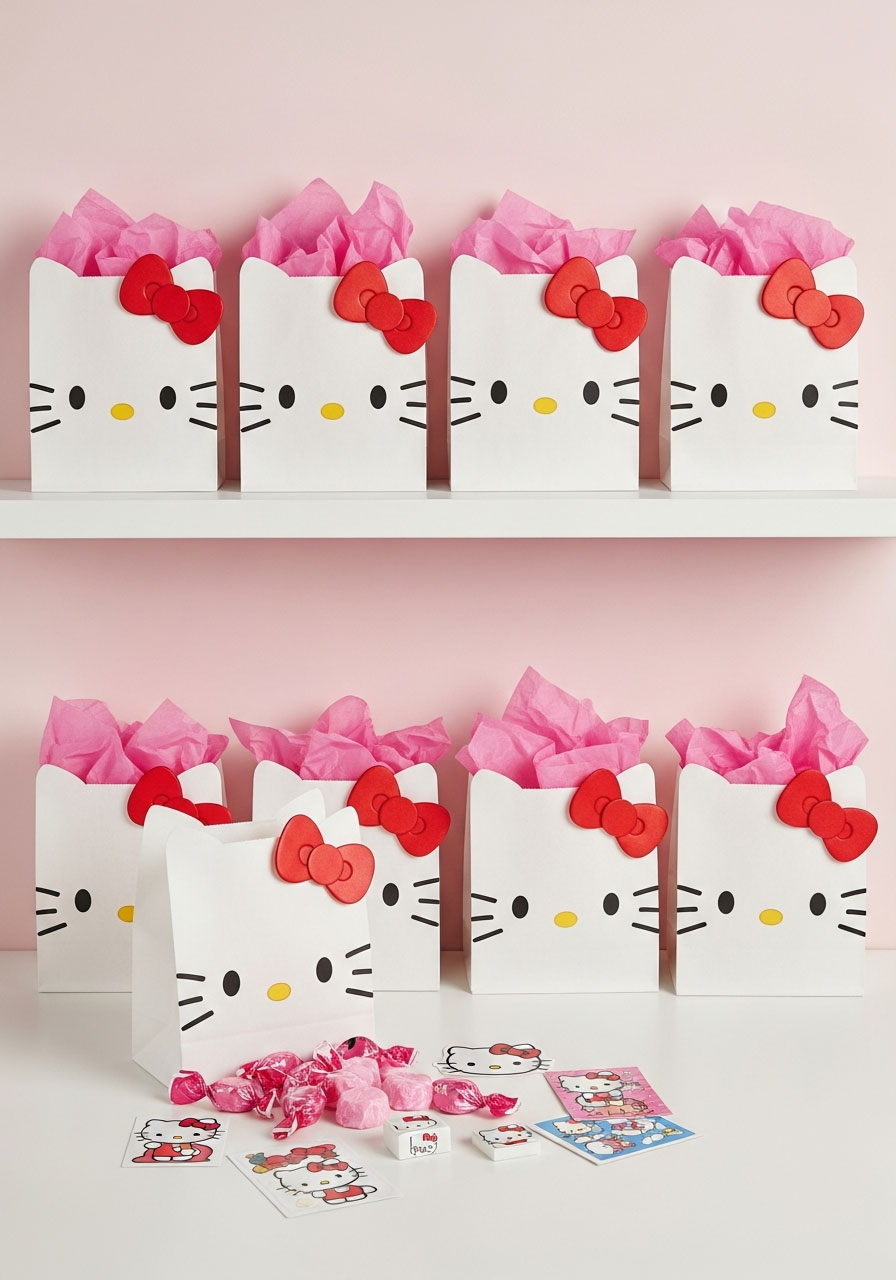 DIY Hello Kitty party favor bags made from white paper bags with black eyes, whiskers, and red bow filled with stickers, candy, and small toys