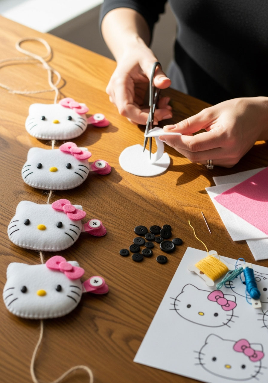 Hands crafting DIY Hello Kitty felt garland with white felt faces, pink bows, and black button eyes strung on twine for budget-friendly party decor