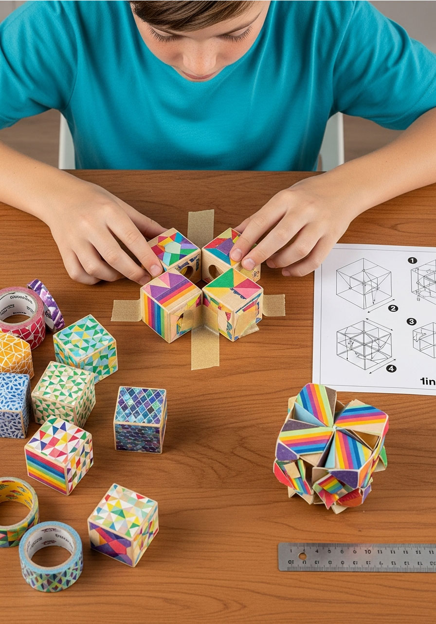 Tween boy assembling DIY infinity cube fidget toy with decorated wooden cubes at birthday party craft station