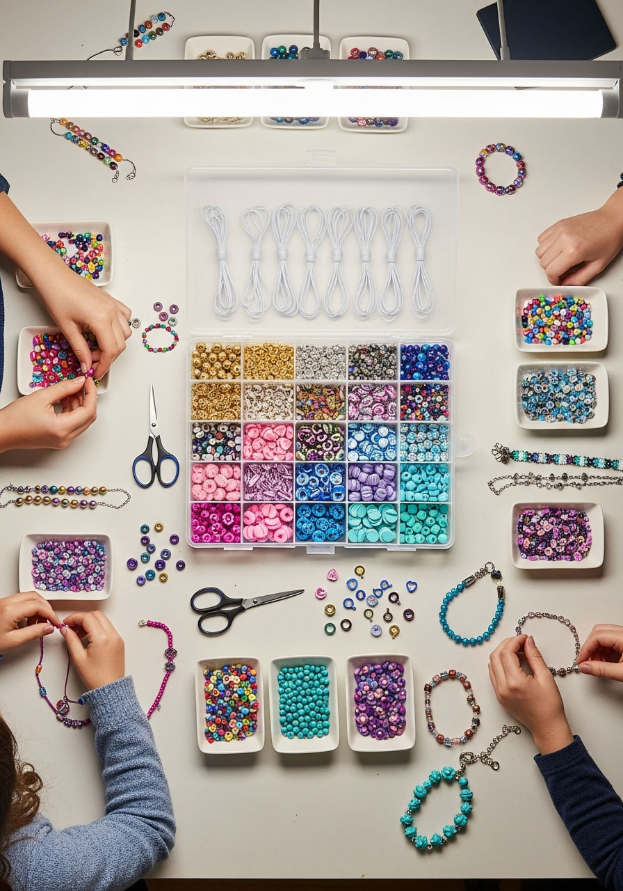 Overhead view of jewelry making station with organized bead containers and kids creating custom bracelets