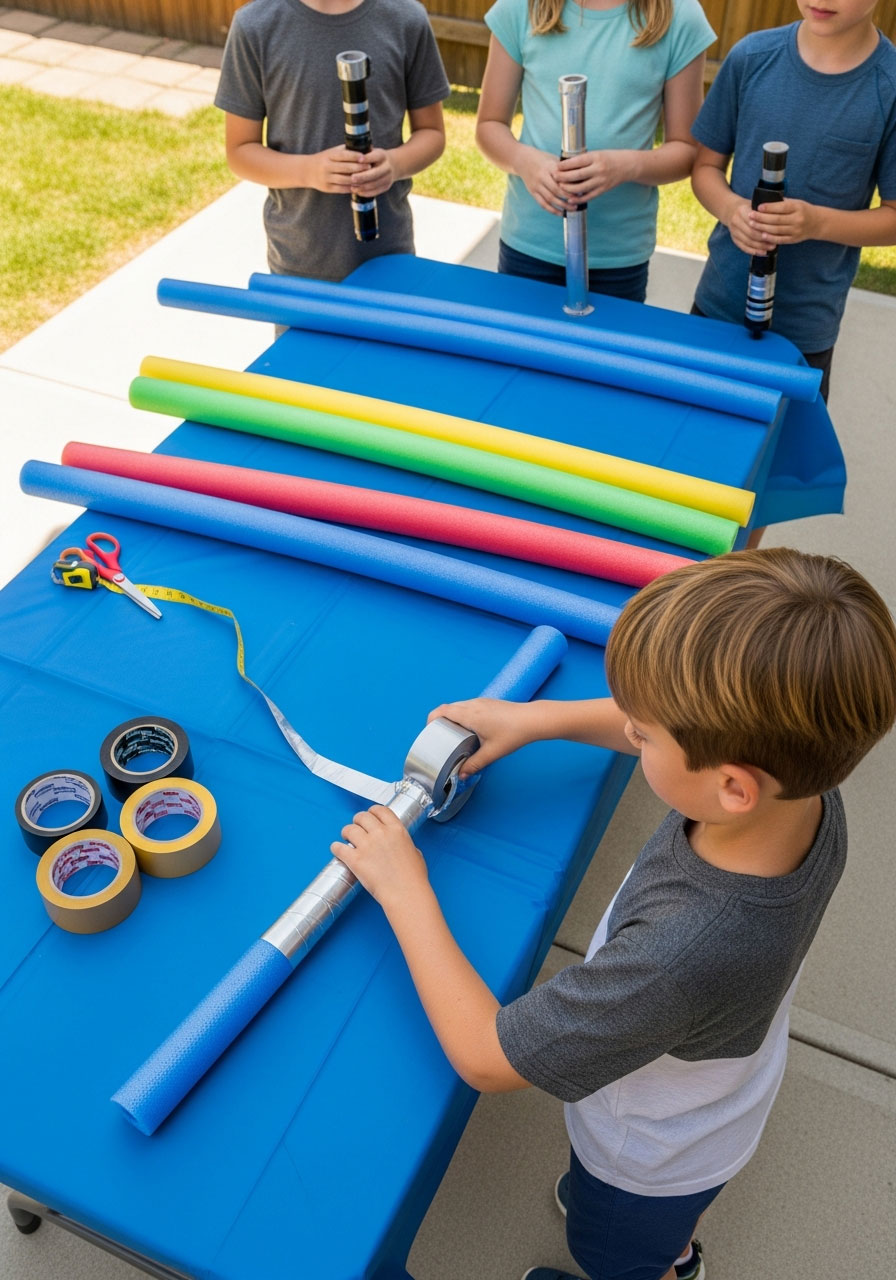 Children making DIY lightsaber party favors from pool noodles and duct tape at outdoor birthday party craft station