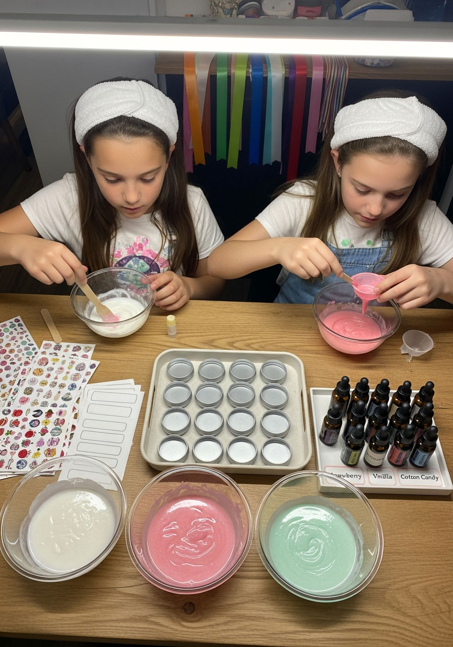 Kids making DIY lip balm at spa birthday party crafting station with essential oils and containers