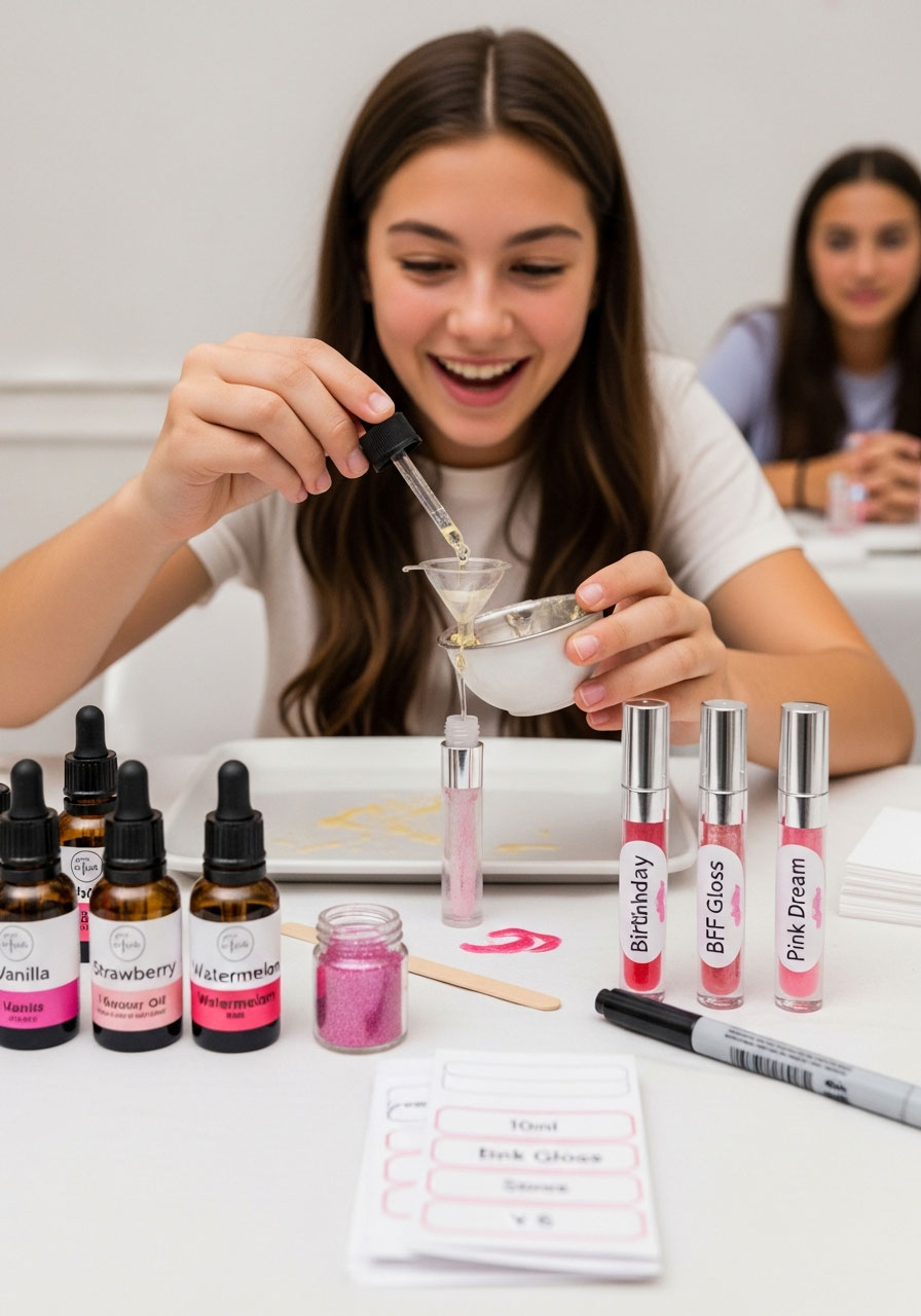 Teen girl making custom DIY lip gloss with flavor oils at a birthday party beauty craft station