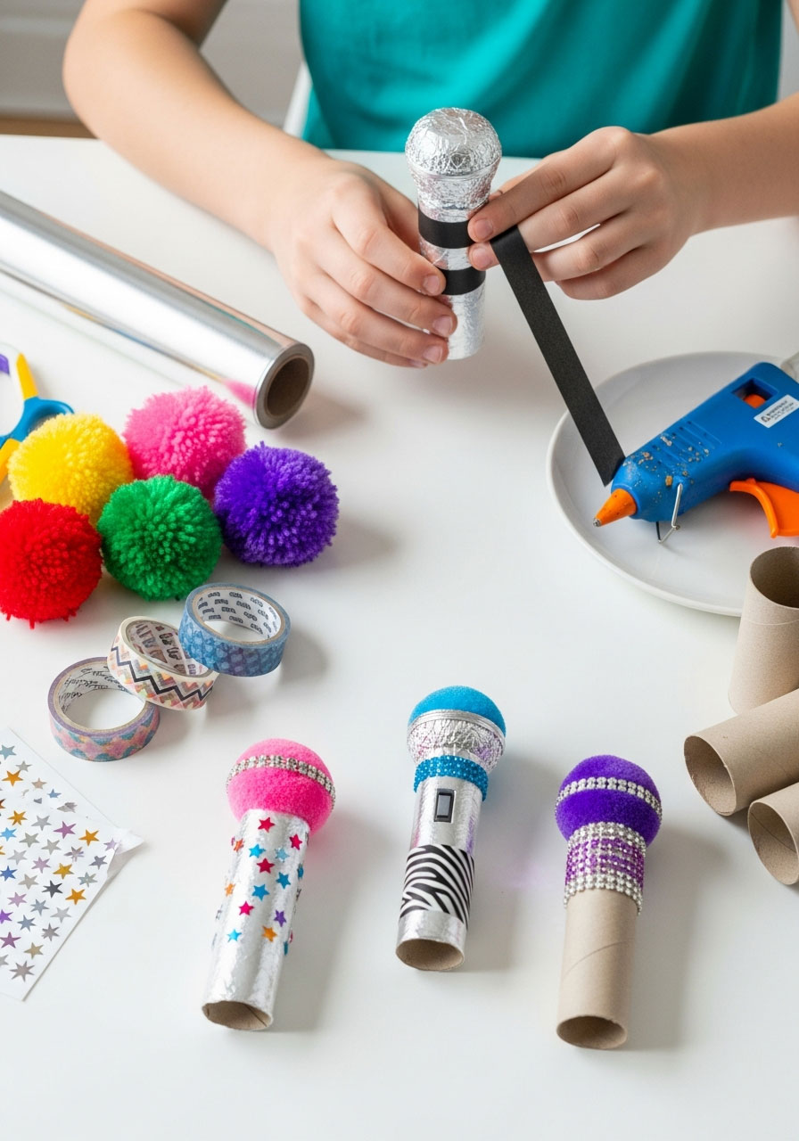 Child crafting DIY microphone party favor from toilet paper roll, aluminum foil, and pom-poms at birthday party station