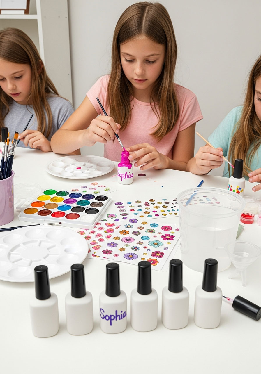 Girl painting and decorating custom ceramic nail polish bottle at spa birthday party craft station