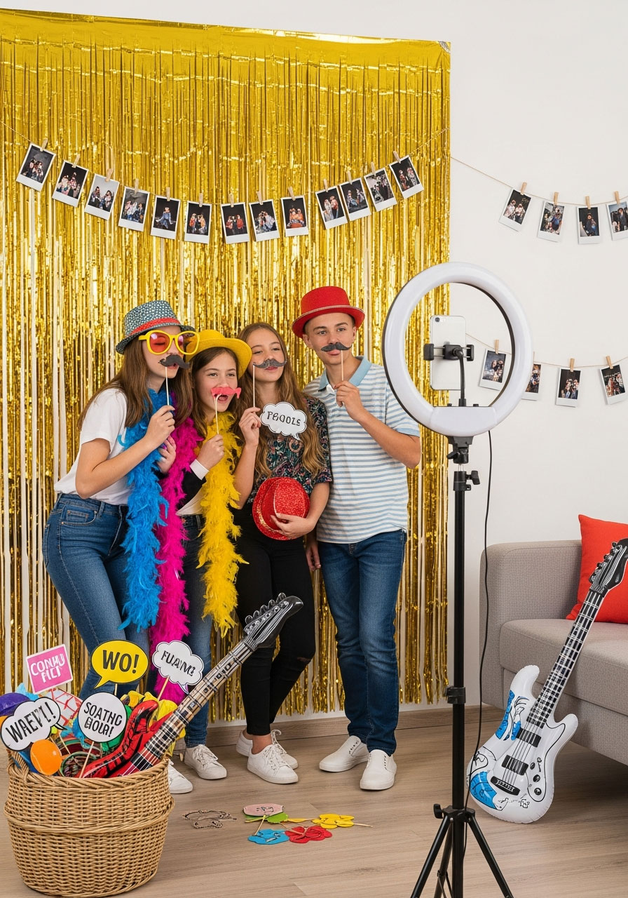 DIY photo booth birthday party with backdrop, ring light, props basket, and teens posing for memorable pictures