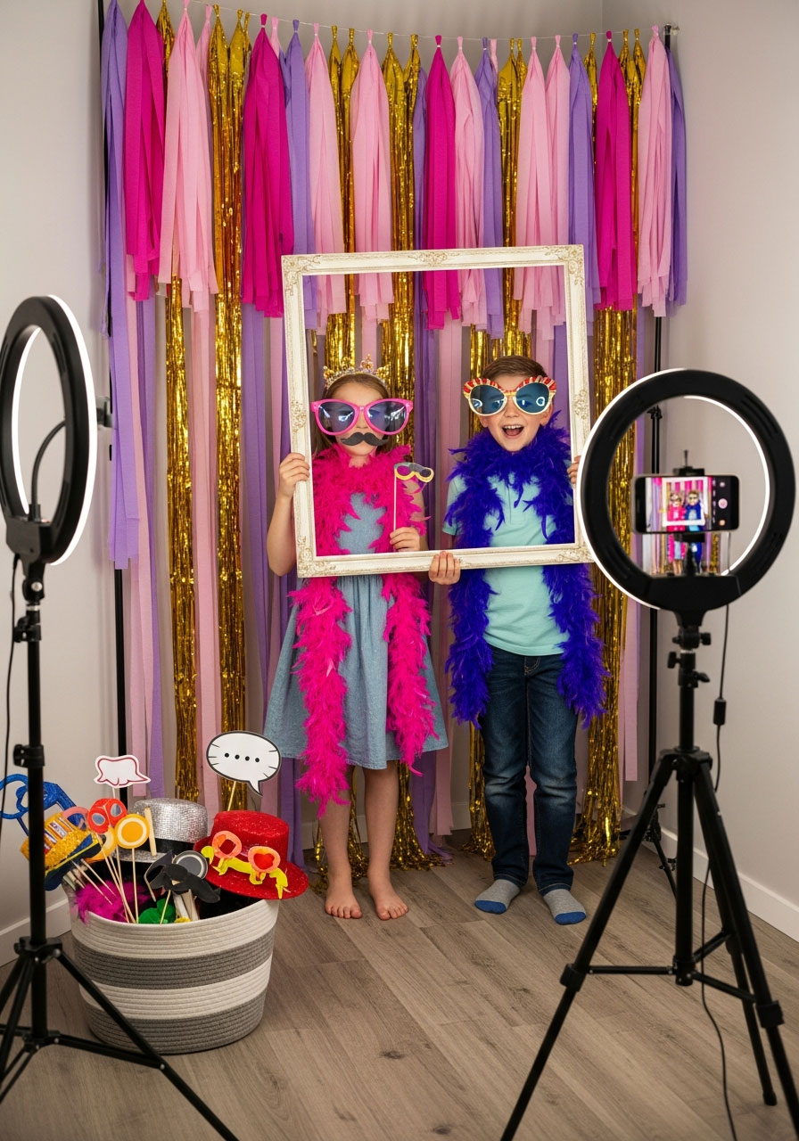 Children posing with fun props at DIY photo booth during indoor birthday party celebration