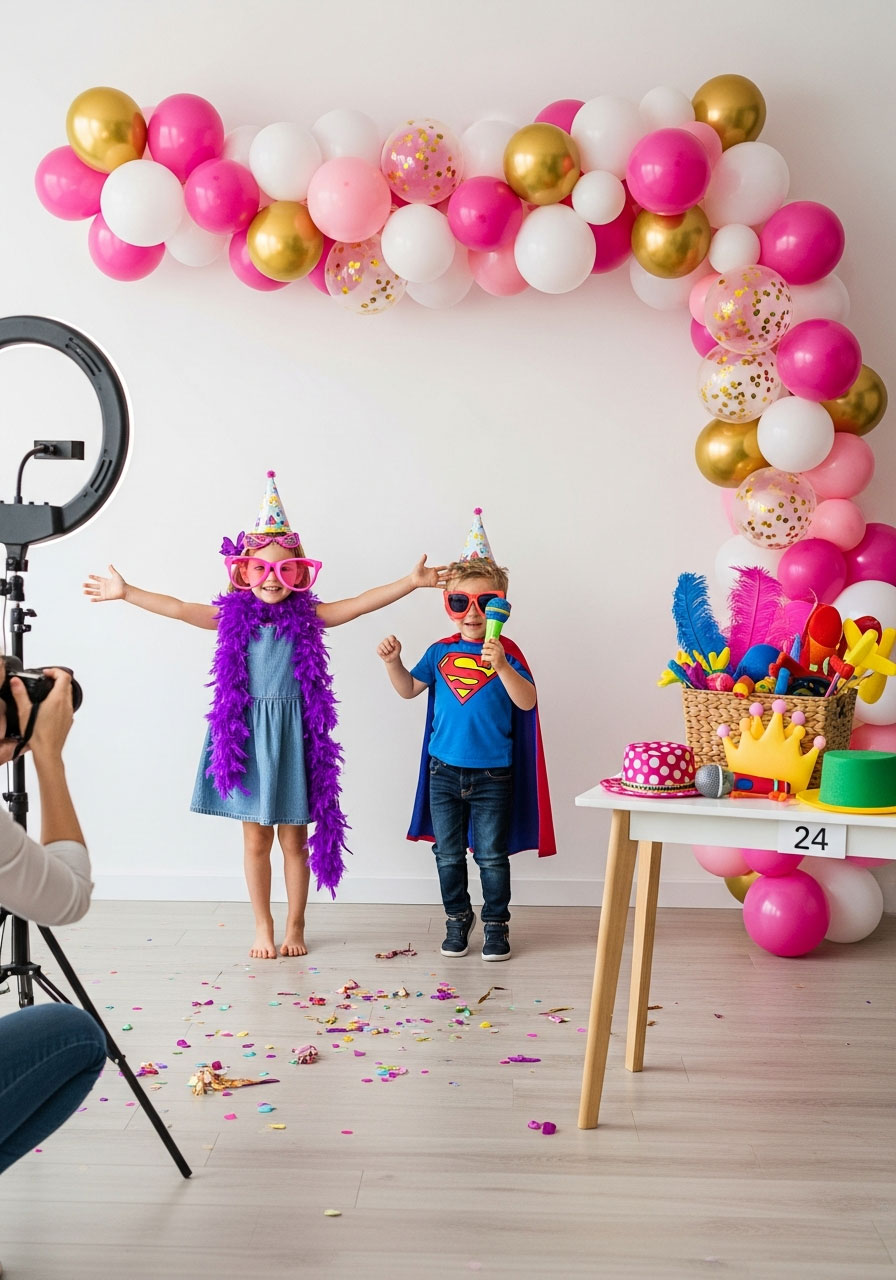 DIY photo booth setup with balloon garland and fun props for toddler birthday party pictures