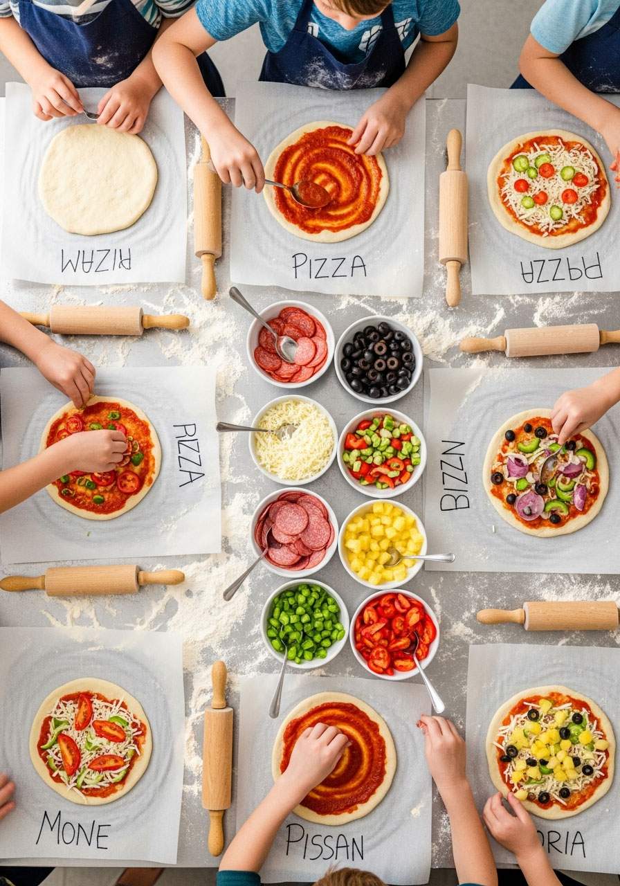 Overhead view of kids making personal pizzas with various toppings at DIY pizza birthday party