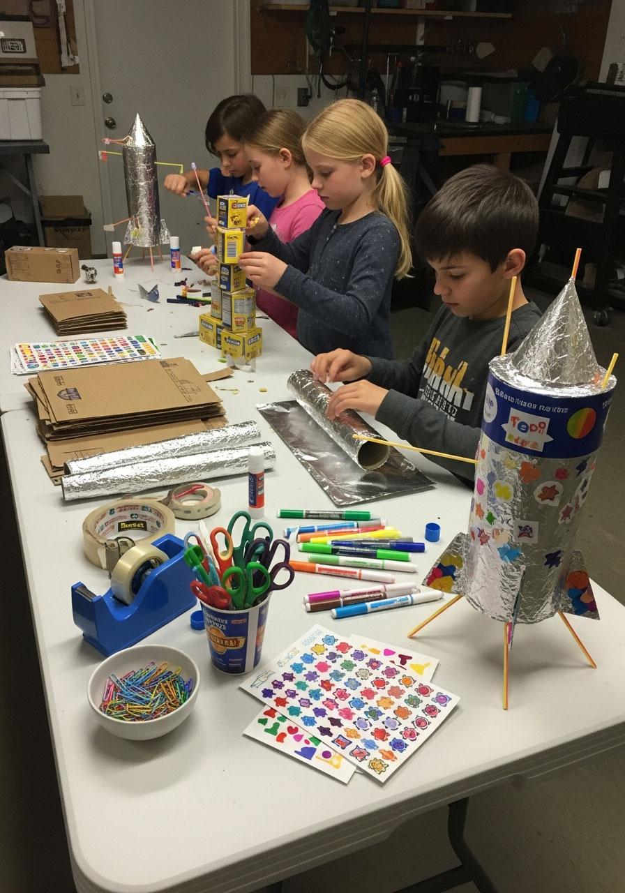 Children building cardboard and foil spacecraft at craft table during space birthday party STEM activity