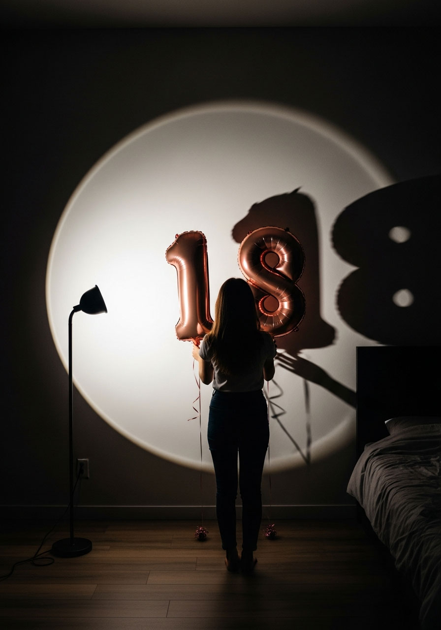 DIY spotlight effect on wall creating dramatic lighting for 18th birthday photoshoot at home