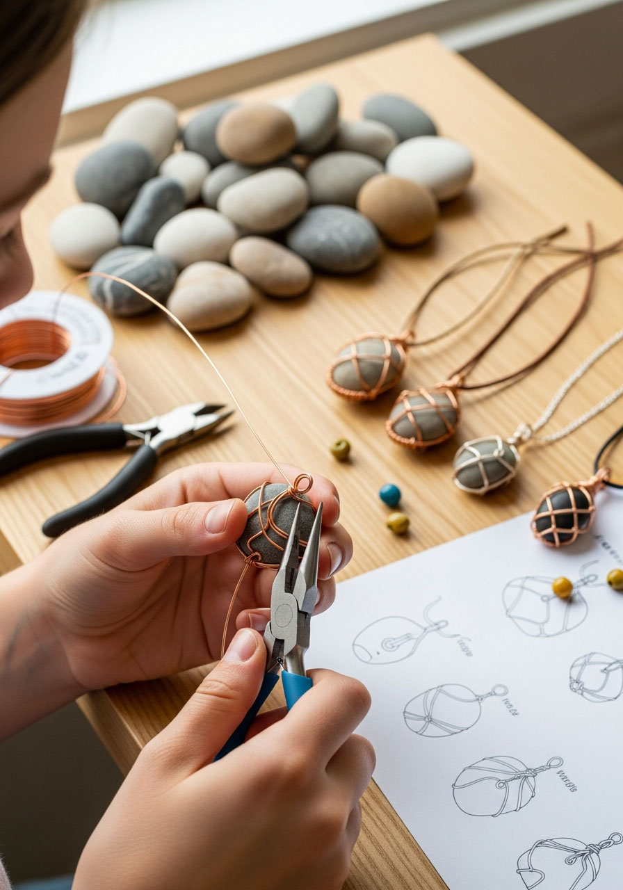 Tween using pliers to wire wrap beach stone pendant at bohemian birthday party craft station
