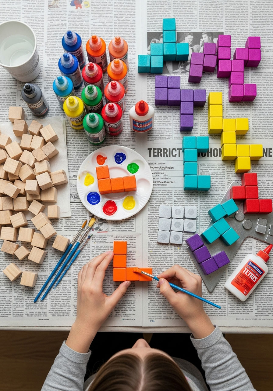Tween painting wooden cubes to create DIY Tetris magnets at video game themed birthday party