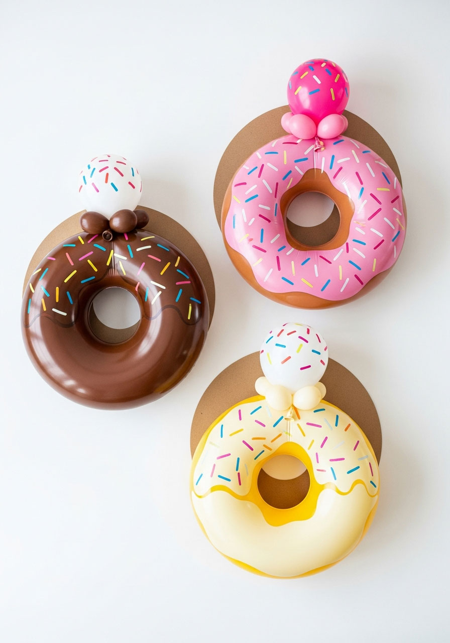 DIY donut balloons in chocolate, strawberry and vanilla with sprinkles - cute dessert-themed birthday party decoration
