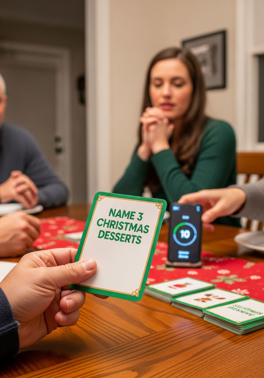 Player drawing and reading Christmas 5 Seconds Game card while hot seat player prepares to answer