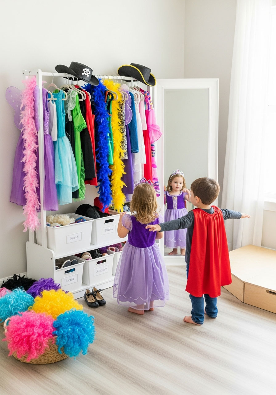 Toddlers trying on costumes and dress-up clothes at birthday party dress-up station