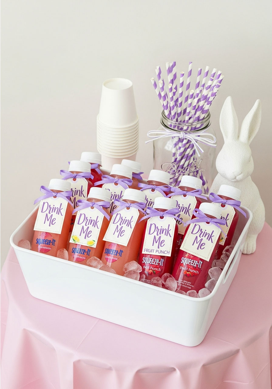 Drink Me beverage station with labeled juice drinks and tags for Alice in Wonderland birthday party