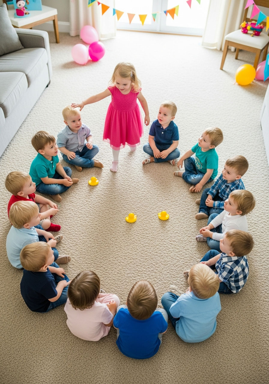 Toddlers playing duck duck goose game in circle formation at indoor birthday party