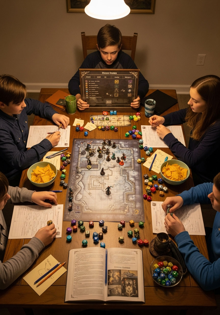 Tweens playing Dungeons and Dragons campaign with dice character sheets and miniatures at birthday party