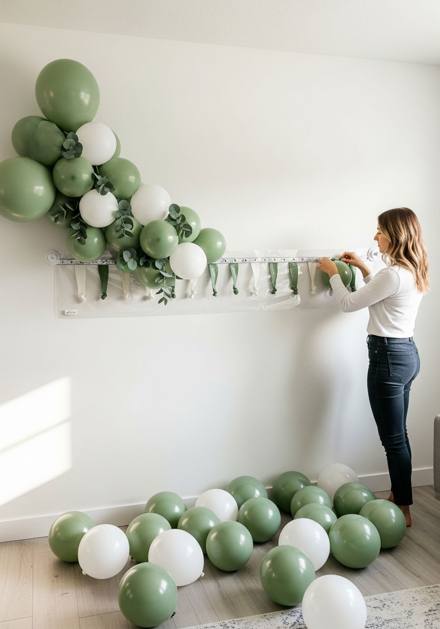 Easy DIY balloon garland using decorating strip and command hooks in sage green colors - beginner-friendly party decoration