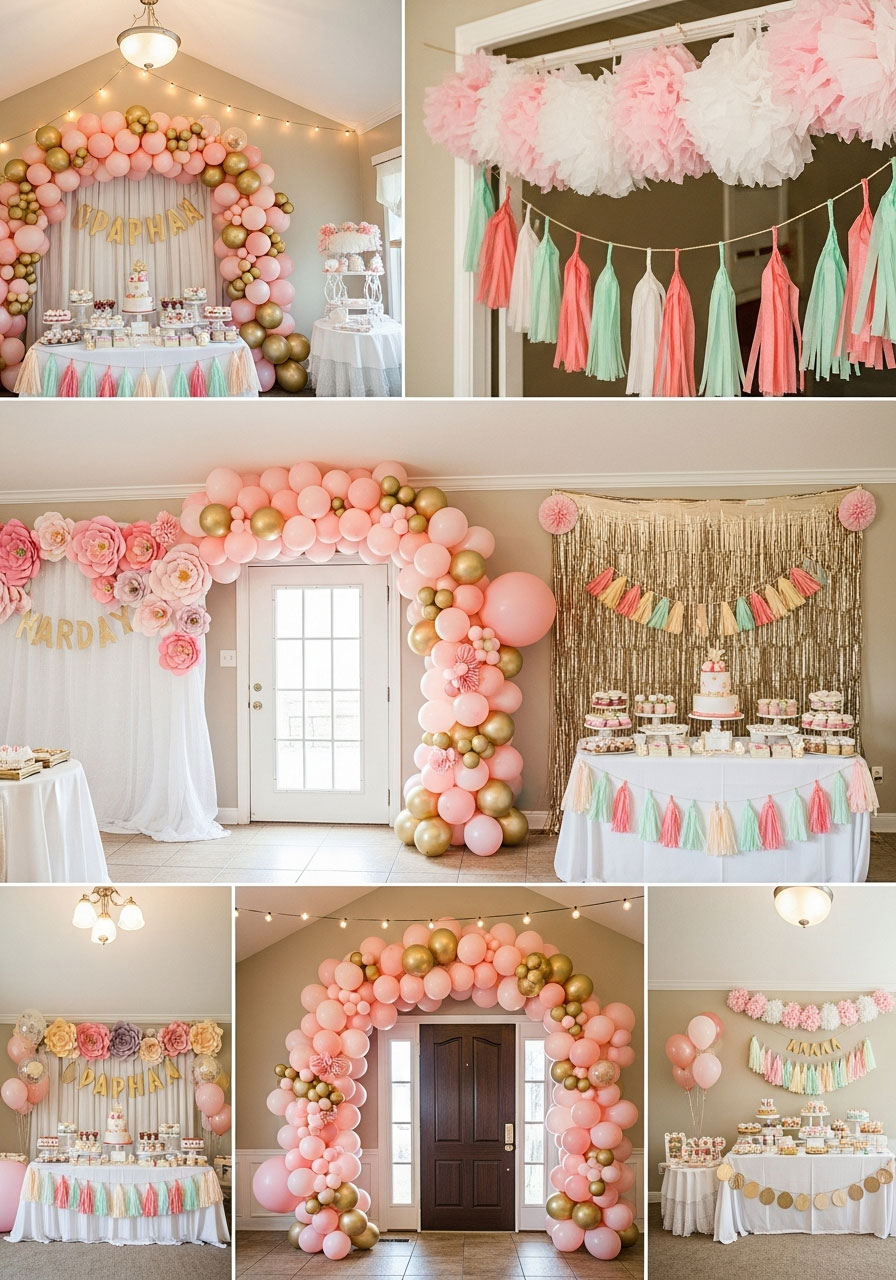 Complete birthday party room featuring multiple easy DIY decorations including balloon arch, paper flowers, and garlands - party decoration inspiration