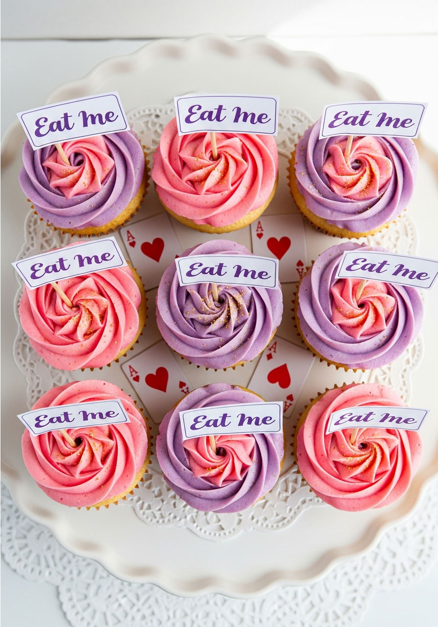 Eat Me cupcakes with pink frosting and decorative tags for Alice in Wonderland first birthday party dessert table