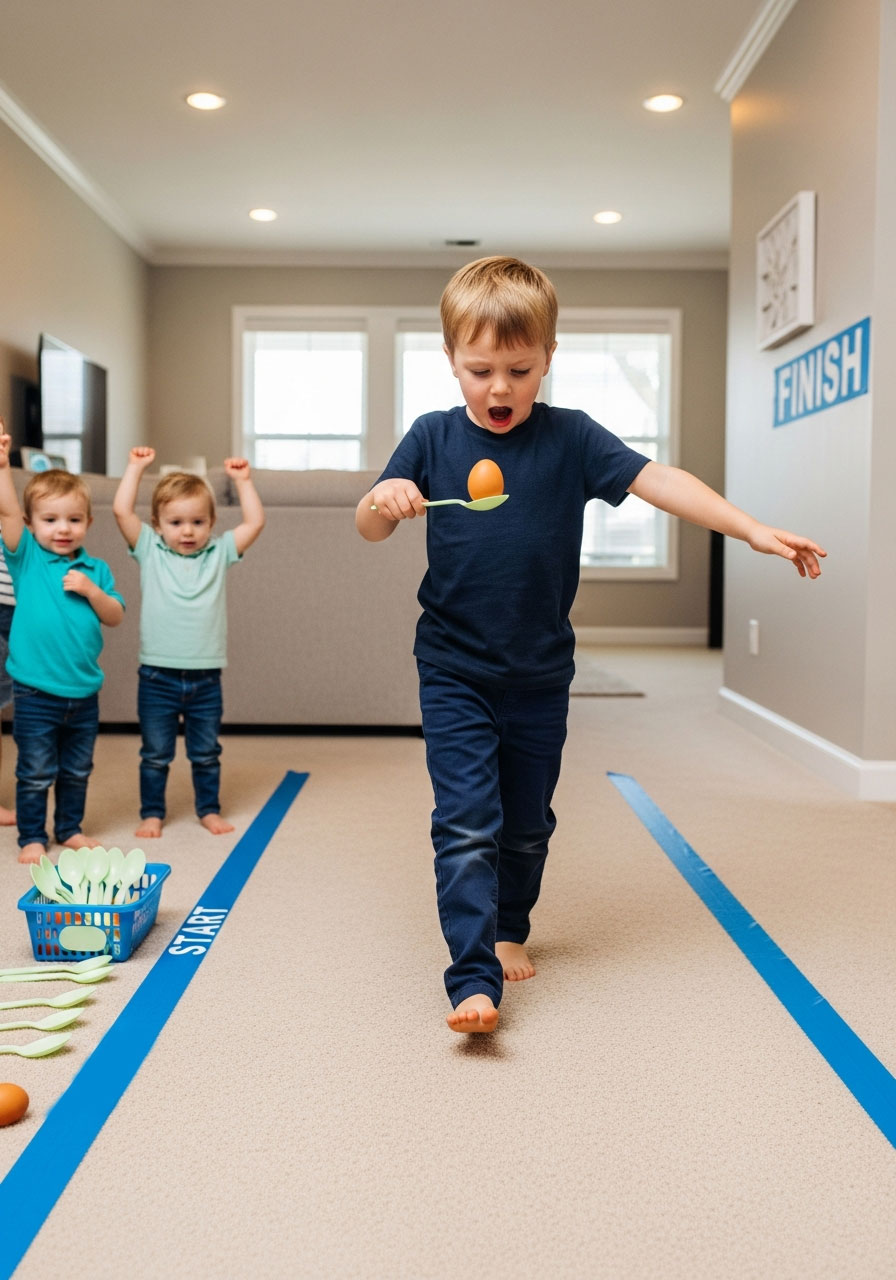 Toddler carefully balancing egg on spoon during relay race at indoor birthday party