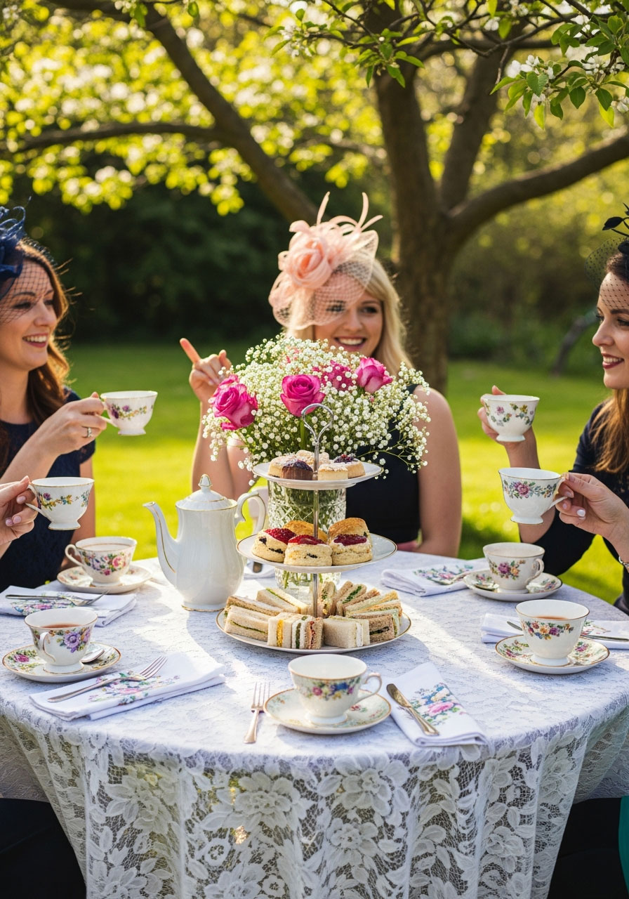 Garden tea party birthday celebration with vintage teacups, three-tier stand, finger sandwiches, and guests in elegant attire
