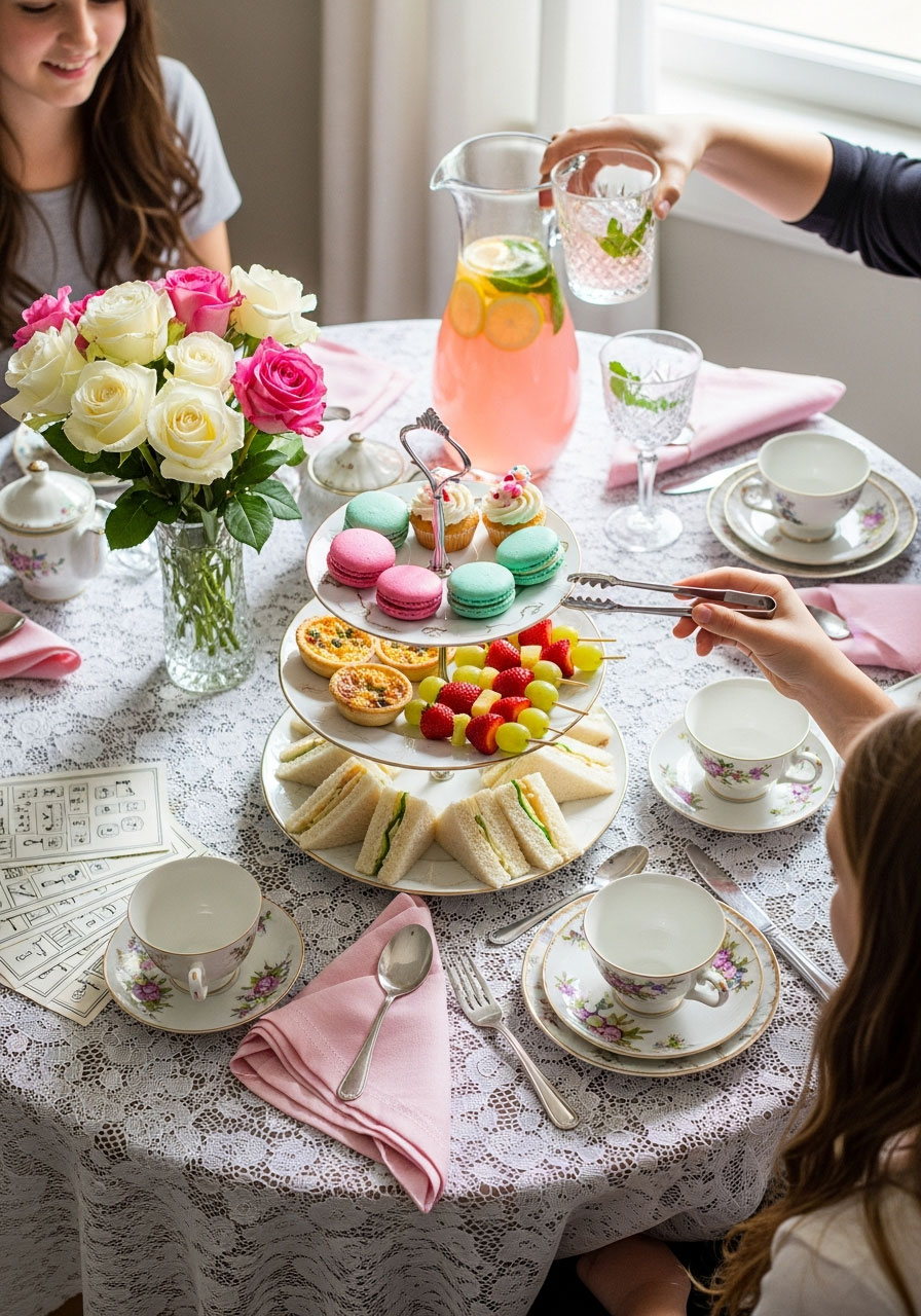 Elegant afternoon tea party setup for teen birthday with tiered serving stand, finger sandwiches, macarons and mocktails on decorated table