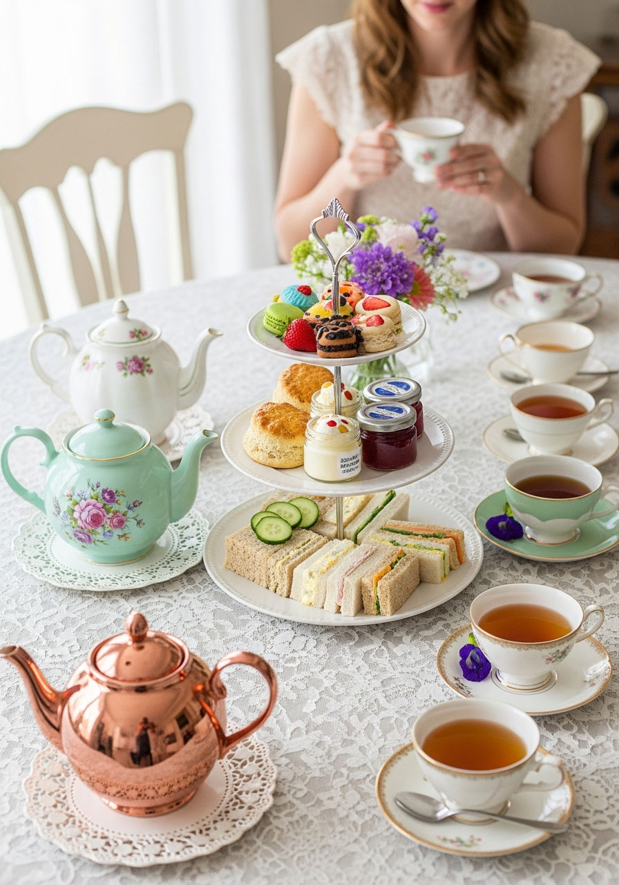 Whimsical adult tea party setup with vintage teacups, three-tiered dessert stand, scones, finger sandwiches, and multiple tea varieties for birthday celebration