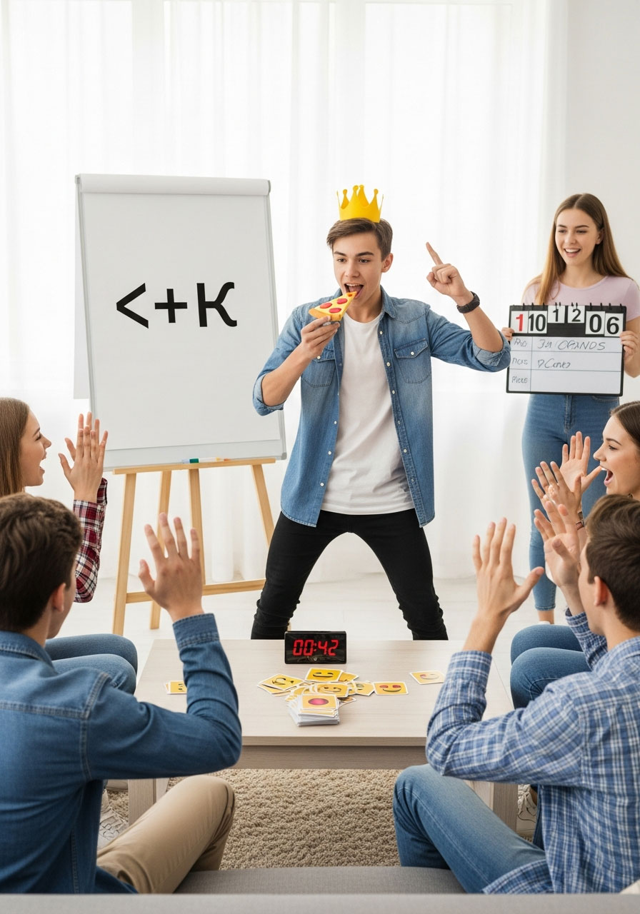Teen acting out emoji charades while teammates guess at Sweet 16 party with emoji cards visible