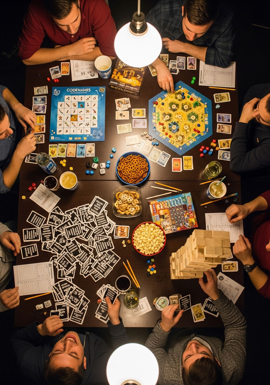 Epic game night birthday party with multiple board games including Codenames, Catan, Cards Against Humanity, and Jenga being played simultaneously