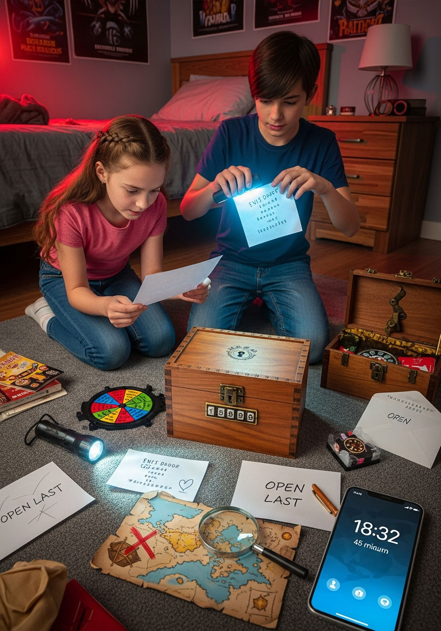 Tweens solving escape room puzzle clues with lockbox UV light and decoder wheel at birthday party