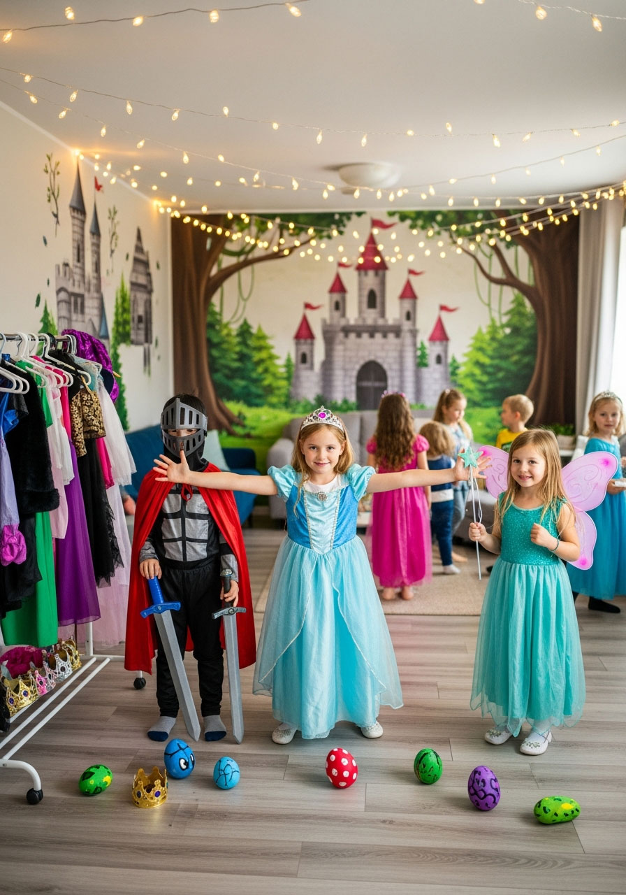 Kids dressed in fairy tale costumes at magical indoor birthday party with castle decorations