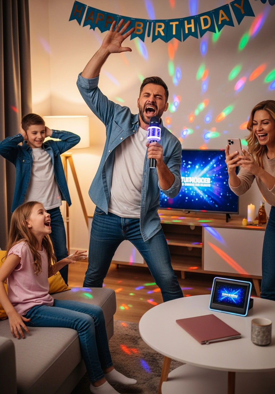 Father singing karaoke dramatically at family birthday party while daughter laughs hysterically on couch