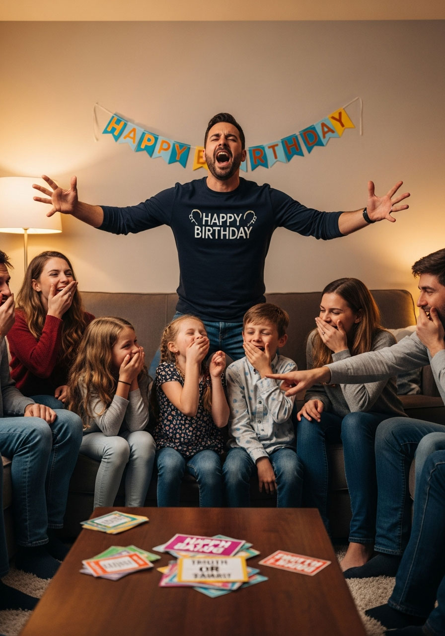 Dad performing hilarious opera singing dare during family birthday truth or dare game while everyone laughs