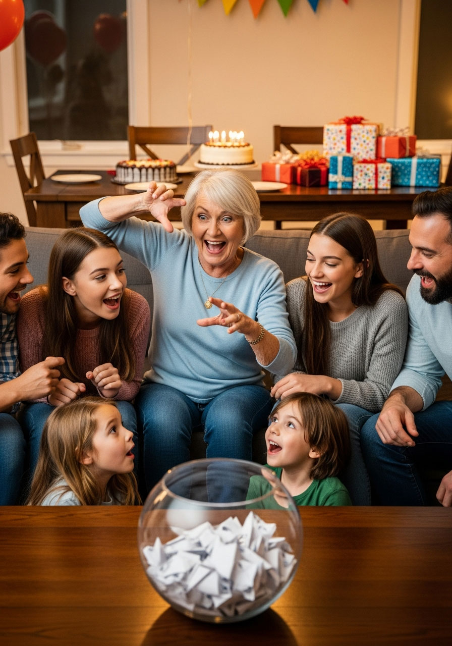Multi-generational family playing fishbowl game together at birthday celebration with grandmother acting