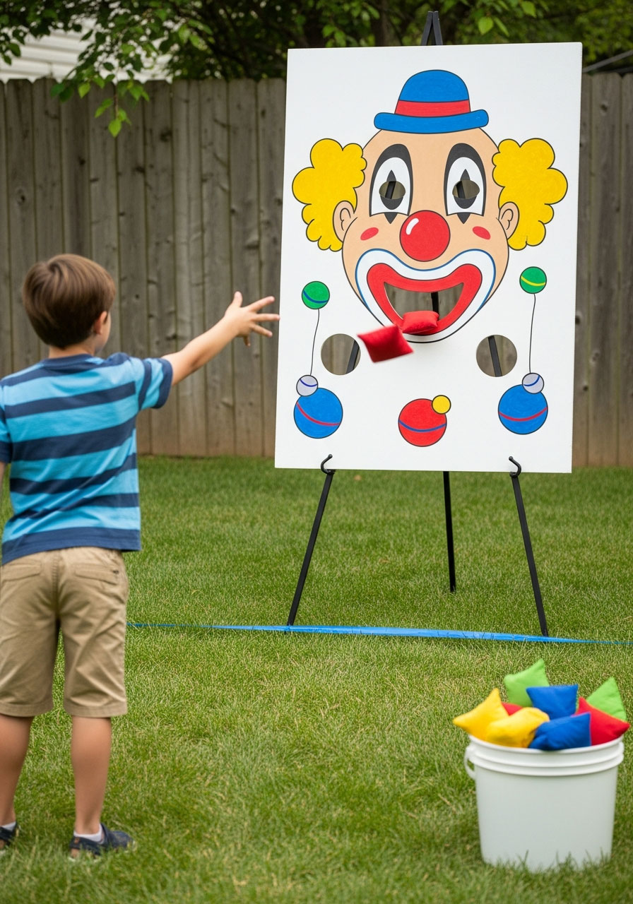 Child tossing bean bag at colorful hand-painted clown board with cutout holes at carnival birthday party